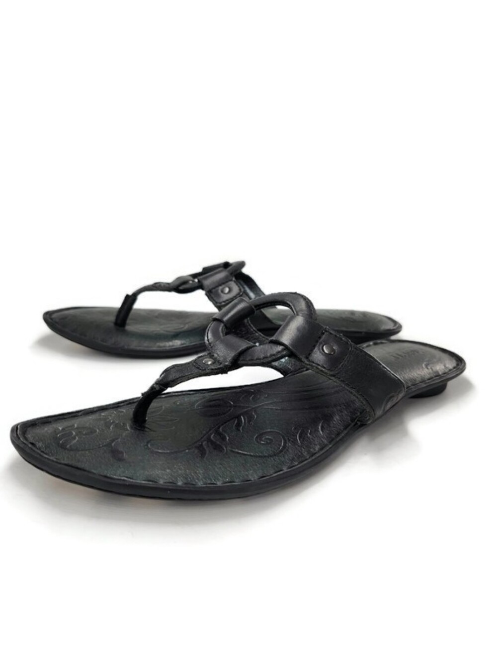 Born Black Leather Ring Accent Flat Slide-On Post-Toe Thong Sandals
